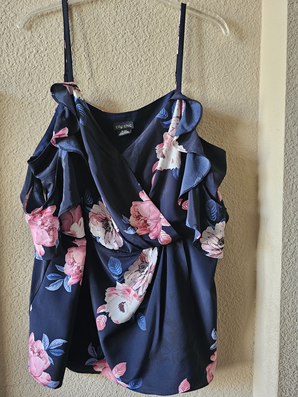City Chic Navy Floral Ruffle Cold-Shoulder Blouse with Pink Blooms
